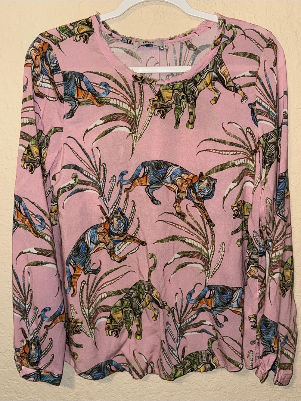 Women’s Pink Long-Sleeve Printed Tee with Multicolor Wild Cat Design
